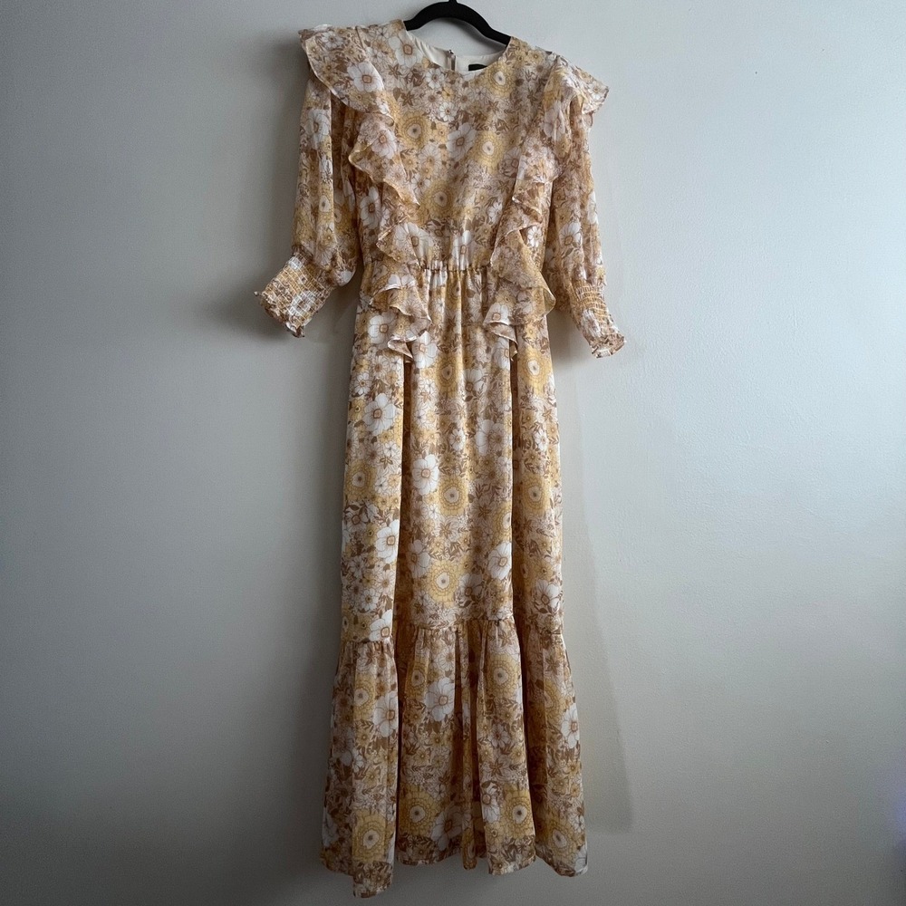 MINKPINK Floral Ruffle Collar Midi Dress Size S Smocked Cuff Tie Waist Boho